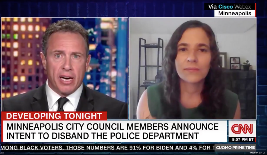 Lisa Bender said Monday in an appearance on &quot;Cuomo Prime Time&quot; that to her, &quot;defund the police&quot; doesn&#39;t mean having a smaller budget or a reconstituted department. (Cuomo Prime Time on CNN via Twitter)