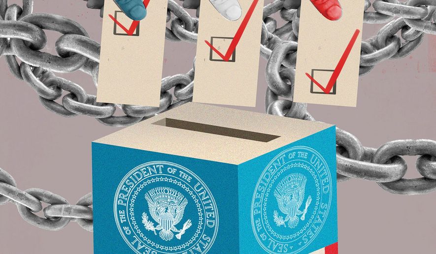 Illustration on voting and liberty by Linas Garsys/The Washington Times