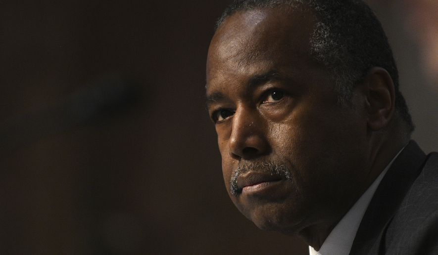 Housing and Urban Development Secretary Ben Carson testifies before a Senate Banking, Housing, and Urban Affairs Committee hearing on Capitol Hill in Washington, Tuesday, June 9, 2020. (Astrid Riecken/The Washington Post via AP, Pool)