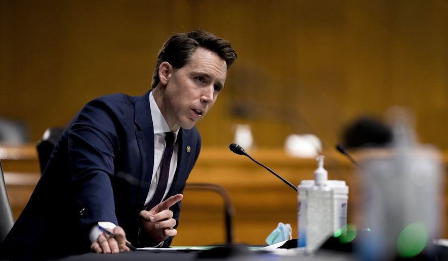 Sen. Josh Hawley, R-Mo., speaks during a Senate Judiciary Committee hearing on Capitol Hill in Washington, Tuesday, June 9, 2020, to examine COVID-19 fraud, focusing on law enforcement&#39;s response to those exploiting the pandemic. (AP Photo/Andrew Harnik, Pool)