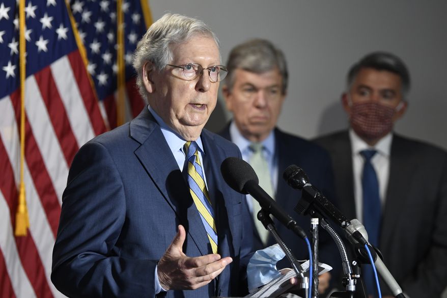 Senate Majority Leader Mitch McConnell of Ky., left, speaks to reporters following the weekly Republican policy luncheon on Capitol Hill in Washington, Tuesday, June 9, 2020. Sen. Roy Blunt, R-Mo., center, and Sen. Cory Gardner, R-Colo., right, listen. (AP Photo/Susan Walsh) **FILE**