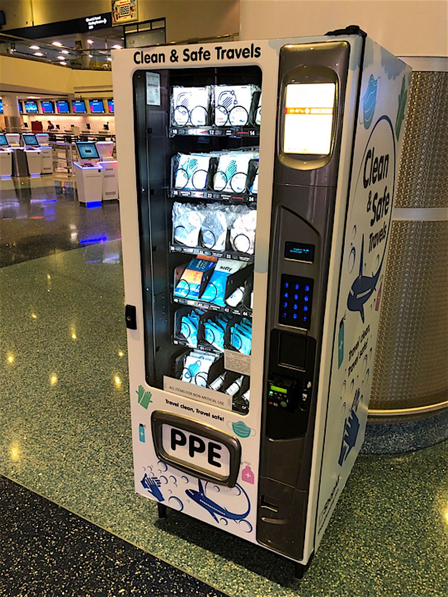 The must-have items of the moment are going commercial. Personal protective equipment vending machines have arrived in McCarran International Airport in Las Vegas, peddling face masks and hand sanitizer in sleek units near placed near ticket counters and checkpoints. (Image provided by McCarran International Airport)