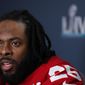 FILE - In this Jan. 30, 2020 file photo San Francisco 49ers cornerback Richard Sherman speaks during a media availability in Miami, for the NFL Super Bowl 54 football game against the Kansas City Chiefs. Sherman is calling on the NFL to go beyond commissioner Roger Goodell&#39;s statement condemning racism. Sherman said, Wednesday, June 10, 2020, the league needs to do a better job hiring minorities in coaching and front office positions and also be vigilant about calling out racism whenever it arises. (AP Photo/Wilfredo Lee, file)