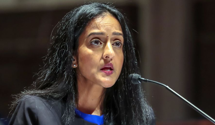Vanita Gupta, CEO of the Leadership Conference for Civil Rights, speaks during a House Judiciary Committee hearing on proposed changes to police practices and accountability on Capitol Hill, Wednesday, June 10, 2020, in Washington. (Michael Reynolds/Pool via AP)