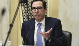 Treasury Secretary Steven Mnuchin speaks during a Senate Small Business and Entrepreneurship hearing to examine implementation of Title I of the CARES Act, Wednesday, June 10, 2020 on Capitol Hill in Washington. (Kevin Dietsch/Pool via AP)