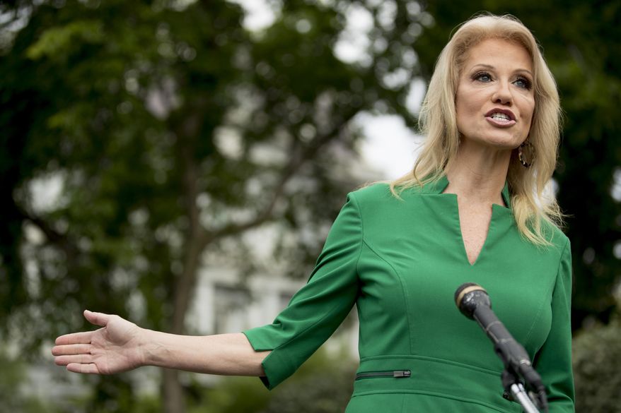 Counselor to the President Kellyanne Conway speaks to reporters on the North Lawn outside the West Wing of the White House in Washington, Wednesday, May 27, 2020. (AP Photo/Andrew Harnik) ** FILE **