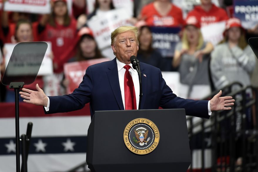 In this March 2, 2020, photo, President Donald Trump speaks during a campaign rally in Charlotte, N.C. Trump is resuming in-person fundraising events after a three-month hiatus as his campaign works to maintain a cash advantage over Democrat Joe Biden that it believes is vital to victory in November. (AP Photo/Mike McCarn) **FILE**