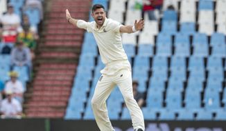 FILE - In this file photo dated Saturday, Dec. 28, 2019, England&#39;s bowler James Anderson, in action on day three of the first cricket test match between South Africa and England at Centurion Park in Pretoria, South Africa. England fast bowler James Anderson Thursday June 11, 2020, has praised the West Indies for making a “scary decision” to travel to Britain for the three-test cricket series between the teams during the coronavirus pandemic. (AP Photo/Themba Hadebe, FILE)