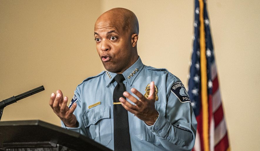 Medaria Arradondo, chief of the Minneapolis Police Department, speaks Wednesday, June 10, 2020, in Minneapolis. The Minneapolis Police Department will withdraw from police union contract negotiations, Arradondo said, as he announced initial steps in what he said would be transformational reforms to the agency in the wake of George Floyd's death. Faced with calls from activists and a majority of City Council members to dismantle or defund the department, Arradondo also said he would use a new system to identify problem officers early and intervene. (Richard Tsong-Taatarii/Star Tribune via AP)