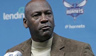 FILE - In this Feb. 12, 2019, file photo, Charlotte Hornets owner Michael Jordan speaks to the media about hosting the NBA All-Star basketball game during a news conference in Charlotte, N.C. Jordan spoke to his Hornets players recently via video conference call about what it takes to be a champion, emphasizing the need for accountability, even if it means making teammates comfortable (AP Photo/Chuck Burton, File)