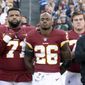 In this Dec. 22, 2018, file photo, Washington Redskins running back Adrian Peterson (26) stands for the national anthem before an NFL football game against the Tennessee Titans in Nashville, Tenn. NFL players who want to kneel during the national anthem to protest police brutality and racism have far more support than Colin Kaepernick did  four years ago.  (AP Photo/Mark Zaleski, File) ** FILE **