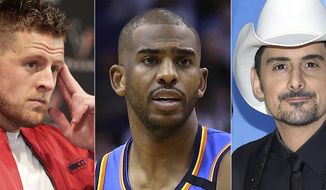 This combination photo shows, from left, Houston Texans defensive end J.J. Watt during a news conference in Houston on Jan. 4, 2020, Oklahoma City Thunder guard Chris Paul during a game against the Phoenix Suns in Phoenix on Jan. 31, 2020 and Brad Paisley at the 51st annual CMA Awards in Nashville, Tenn. Watt, Paul and Paisley will appear in upcoming episodes of Amazon’s docuseries “Regular Heroes,”  focusing on everyday people who are supporting communities during the coronavirus pandemic. (AP Photo)