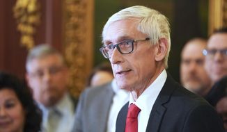 In this Feb. 6, 2020 file photo, Wisconsin Gov. Tony Evers holds a news conference in Madison, Wis. A Republican U.S. congressman from Wisconsin on June 24 called for Mr. Evers to resign, saying the governor has failed to curb violent and destructive demonstrations at the state capitol and is unfit to lead the state. (Steve Apps/Wisconsin State Journal via AP, File)  **FILE**