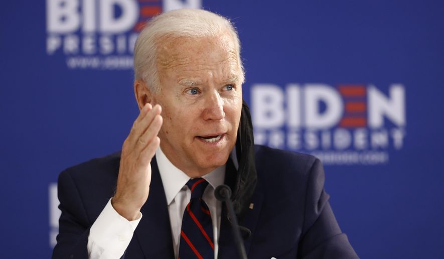 In this June 11, 2020, photo, Democratic presidential candidate and former Vice President Joe Biden speaks during a roundtable on economic reopening with community members in Philadelphia. (AP Photo/Matt Slocum) **FILE**