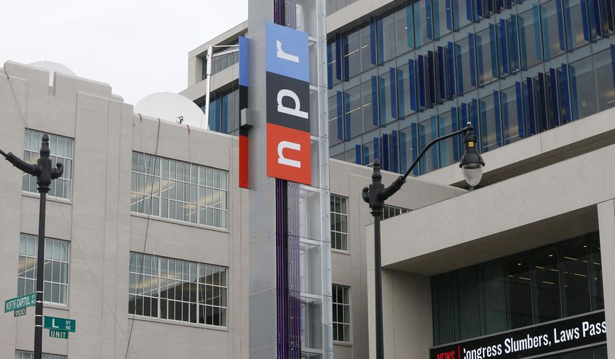 FILE - This April 15, 2013 file photo shows the headquarters for National Public Radio on North Capitol Street in Washington. On Friday, June 12, 2020, The Associated Press reported on stories circulating online incorrectly asserting NPR wants people to burn books written by white people. A story published on June 6 on NPR’s website never mentions book burning. The piece recommends broadening and diversifying personal reading lists to go beyond white authors. (AP Photo/Charles Dharapak, File)