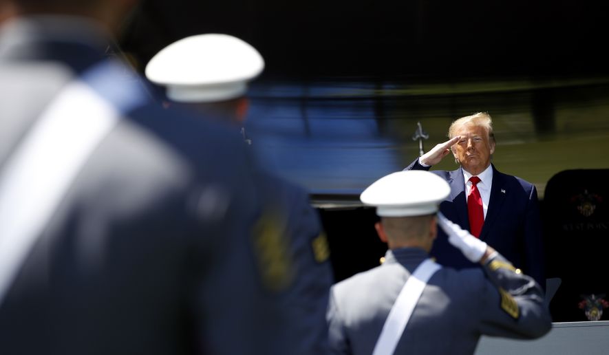 In this file photo, President Donald Trump salutes after speaking to over 1,110 cadets in the Class of 2020 at a commencement ceremony on the parade field, at the United States Military Academy in West Point, N.Y., Saturday, June 13, 2020. (AP Photo/Alex Brandon)  **FILE**