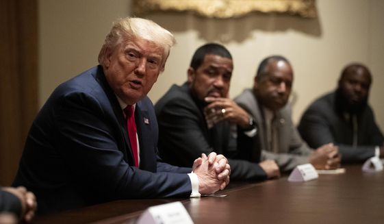 In this file photo, President Donald Trump speaks during a roundtable discussion with African-American supporters in the Cabinet Room of the White House, Wednesday, June 10, 2020, in Washington. A Rasmussen poll released Oct. 29, 2020, found that 31% of likely Black voters plan to vote for Mr. Trump&#39;s reelection. (AP Photo/Patrick Semansky)  **FILE**