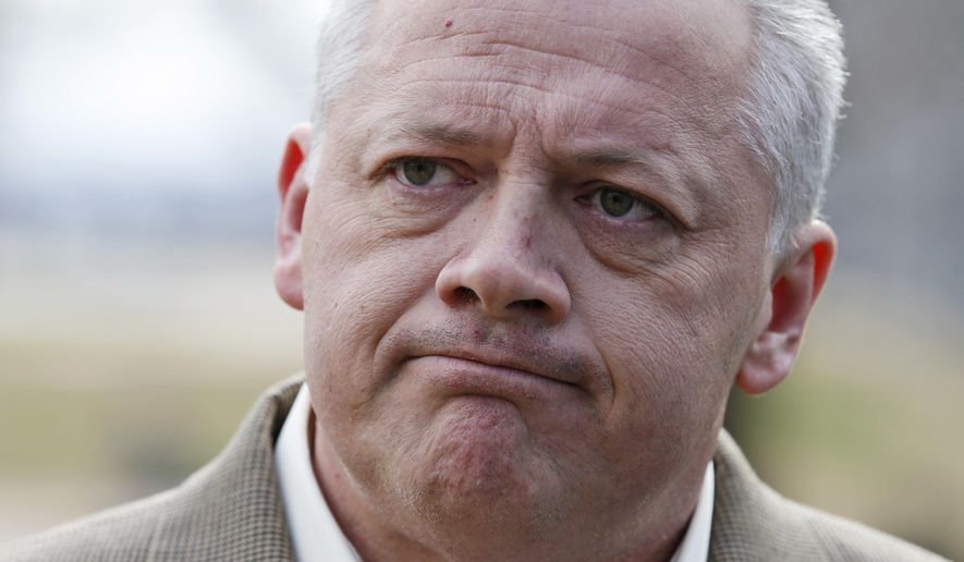 In this Tuesday, Jan. 31, 2017, file photo, Republican gubernatorial candidate Denver Riggleman listens to a question during a news conference at the Capitol in Richmond, Va.  (AP Photo/Steve Helber, File)