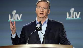 In this Jan. 29, 2020, file photo, NFL Commissioner Roger Goodell answers a question during a news conference for the NFL Super Bowl 54 football game in Miami. Baltimore Ravens linebacker Matthew Judon criticized the timing of Goodell&#39;s assertion that “black lives matter&quot; to the league, saying Monday, June 15, 2020, that the assertion should have been made long ago. (AP Photo/David J. Phillip) ** FILE **