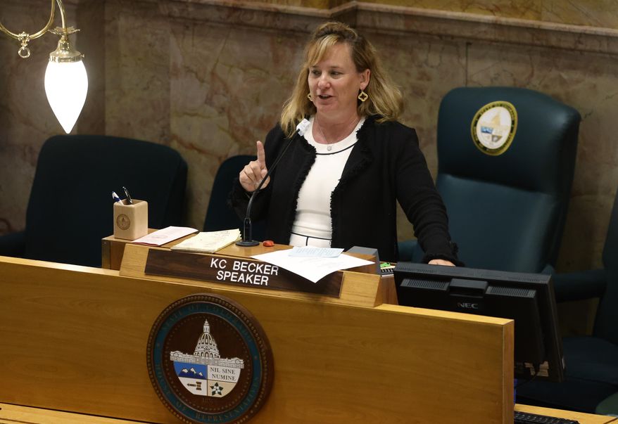 Colorado Representative KC Becker, D-Boulder, calls to order the House chamber as lawmakers try to wrap up the session in the State Capitol Monday, June 15, 2020, in Denver. (AP Photo/David Zalubowski)