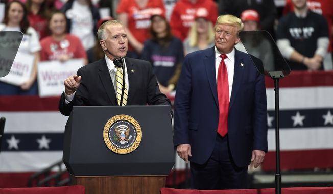 In this March 2, 2020, file photo Sen. Thom Tillis, R-N.C., speaks during a campaign rally for President Donald Trump in Charlotte, N.C. Tillis, facing a competitive North Carolina reelection contest, “is looking forward to campaigning&amp;quot; with Trump, Tillis&#x27; spokesperson said. (AP Photo/Mike McCarn, File)