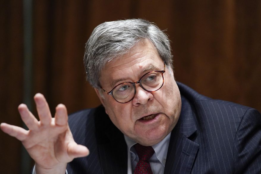 In this file photo, Attorney General William Barr speaks during a roundtable with President Donald Trump about America&#39;s seniors, in the Cabinet Room of the White House, Monday, June 15, 2020, in Washington. (AP Photo/Evan Vucci) ** FILE **