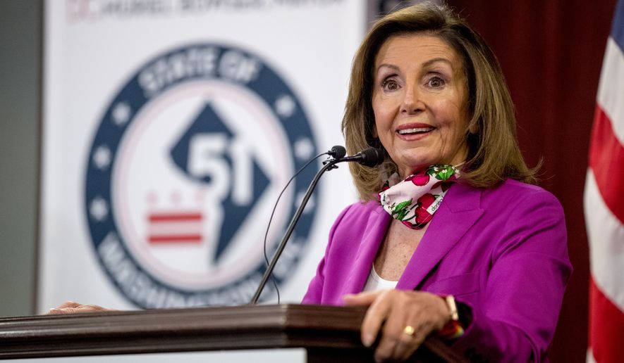 House Speaker Nancy Pelosi of Calif., speaks at a news conference on District of Columbia statehood on Capitol Hill, Tuesday, June 16, 2020, in Washington. House Majority Leader Steny Hoyer of Md. will hold a vote on D.C. statehood on July 26. (AP Photo/Andrew Harnik)
