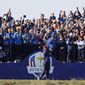 FILE - In a Sunday, Sept. 30, 2018 file photo, Tiger Woods plays a shot from the 4th tee during a singles match on the final day of the 42nd Ryder Cup at Le Golf National in Saint-Quentin-en-Yvelines, outside Paris, France. A decision is looming whether to play the Ryder Cup in Wisconsin in September 2020 with fans or even postpone it until next year. (AP Photo/Alastair Grant, File)