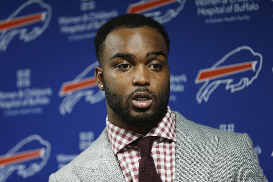 FILE - In this Nov. 12, 2015, file photo, Buffalo Bills strong safety Bacarri Rambo talks to reporters after the team's NFL football game against the New York Jets in East Rutherford, N.J. Rambo, a former NFL player and University of Georgia standout, has been arrested and charged with raping a UGA student, authorities said. (AP Photo/Seth Wenig, File)