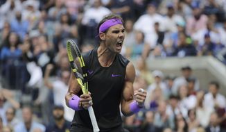 In this Sept. 8, 2019, file photo, Rafael Nadal, of Spain, reacts after scoring a point against Daniil Medvedev, of Russia, during the men&#x27;s singles final of the U.S. Open tennis championships in New York. New York Gov. Andrew Cuomo said Tuesday, June 16, 2020, that the U.S. Open tennis tournament will held starting in late August as part of the state&#x27;s reopening from shutdowns caused by the coronavirus pandemic. (AP Photo/Charles Krupa, File)  **FILE**