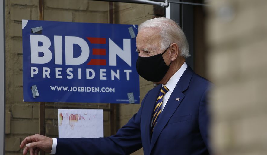 Democratic presidential candidate, former Vice President Joe Biden arrives for a meeting with small business owners, Wednesday, June 17, 2020, in Yeadon, Pa. (AP Photo/Matt Slocum)