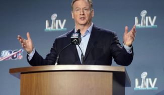In this Jan. 29, 2020, file photo, NFL Commissioner Roger Goodell answers a question during a news conference for the NFL Super Bowl 54 football game in Miami. It’s been over three months since the commissioners of major sports cancelled or postponed events because of the coronavirus. Enough time for us to grade them on how they’ve handled the virus so far. (AP Photo/David J. Phillip, File)