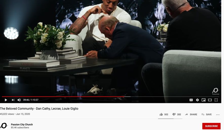 Chick-Fil-A CEO Dan Cathy shines shoes during a conversation on racism held at  at Passion City Church in Atlanta, June 14, 2020. (Image: YouTube,  Passion City Church video screenshot) 
