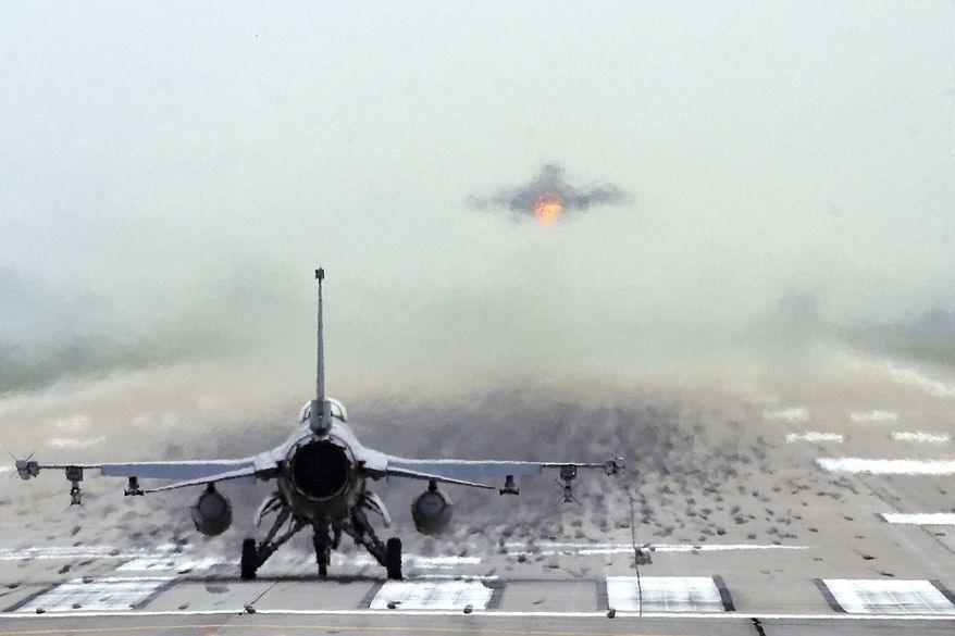 In this file photo, a U.S. Air Force F-16 fighter jet prepares to take off at the Osan U.S. Air Base in Pyeongtaek, South Korea, Thursday, June 18, 2020. (Hong Ki-won/Yonhap via AP)  **FILE**