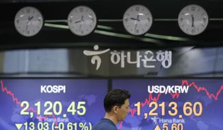 A currency trader walks by the screens showing the Korea Composite Stock Price Index (KOSPI), left, and the foreign exchange rate between U.S. dollar and South Korean won at the foreign exchange dealing room in Seoul, South Korea, Friday, June 19, 2020. Asian stock markets were mixed Friday after Wall Street closed little-changed amid as optimism about a possible global economic recovery was tempered by concern over rising coronavirus infections. (AP Photo/Lee Jin-man)
