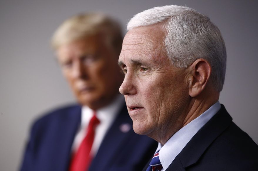 In this March 22, 2020, file photo, Vice President Mike Pence speaks alongside President Donald Trump during a coronavirus task force briefing at the White House in Washington. (AP Photo/Patrick Semansky, File)