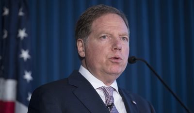 FILE - In this April 23, 2019, file photo, Geoffrey Berman, U.S. Attorney for the Southern District of New York, speaks during a news conference in New York. Berman is stepping down as the U.S. attorney for the Southern District of New York.  (AP Photo/Mary Altaffer, File)