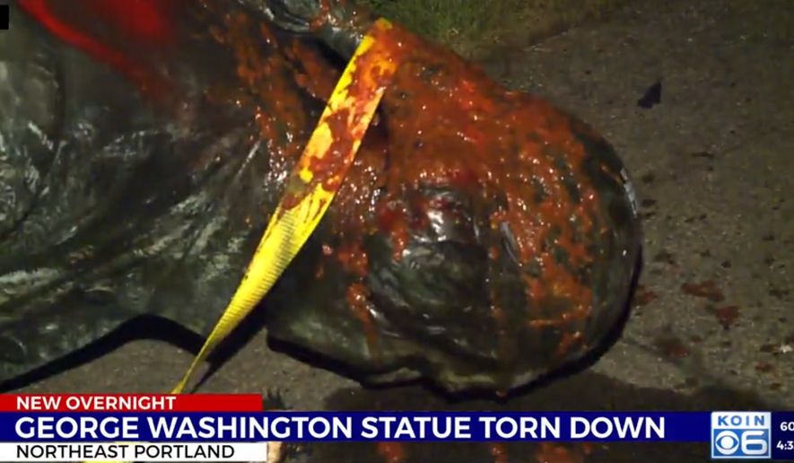 A statue of George Washington was toppled and desecrated in Portland on June 18, 2020. (Image: KOIN, CBS-6 video screenshot) 