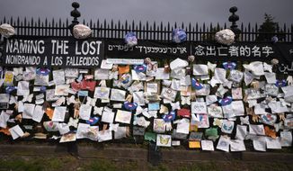 FILE - In this Thursday, May 28, 2020 file photo, a fence outside Brooklyn&#39;s Green-Wood Cemetery is adorned with tributes to victims of COVID-19 in New York. The memorial is part of the Naming the Lost project which attempts to humanize the victims who are often just listed as statistics. The wall features banners that say &amp;quot;Naming the Lost&amp;quot; in six languages — English, Spanish, Mandarin, Arabic, Hebrew, and Bengali. Some worry a large new wave of coronavirus might occur this fall or winter — after schools reopen, the weather turns colder and less humid, and people huddle inside more. That would follow seasonal patterns seen with flu and other respiratory viruses. And such a fall wave could be very bad, given that there&#39;s no vaccine or herd immunity, as experts think most Americans so far have not been exposed to the virus. (AP Photo/Mark Lennihan)