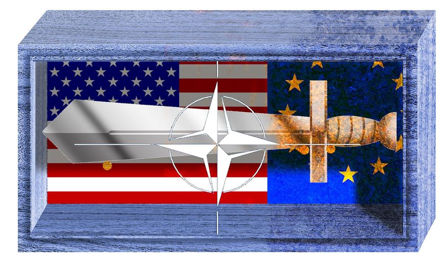 Illustration on NATO by Alexander Hunter/The Washington Times