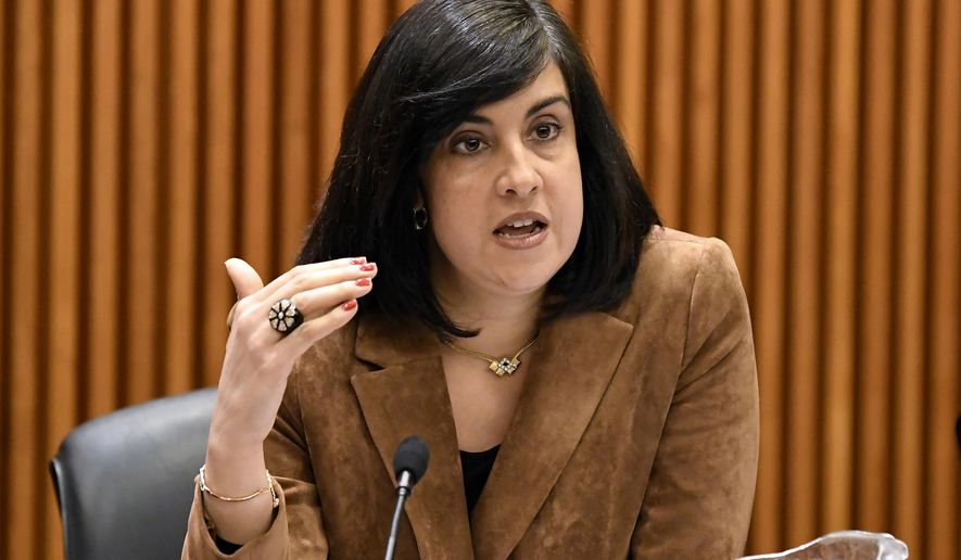 FILE - In this Feb. 11, 2019, file photo, Assemblywoman Nicole Malliotakis, R-Staten Island, questions New York City Mayor Bill de Blasio during a joint legislative budget hearing on local government, in Albany, N.Y. (AP Photo/Hans Pennink, File)