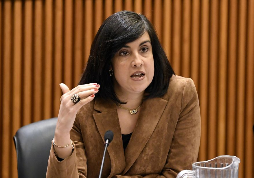 FILE - In this Feb. 11, 2019, file photo, Assemblywoman Nicole Malliotakis, R-Staten Island, questions New York City Mayor Bill de Blasio during a joint legislative budget hearing on local government, in Albany, N.Y. (AP Photo/Hans Pennink, File)