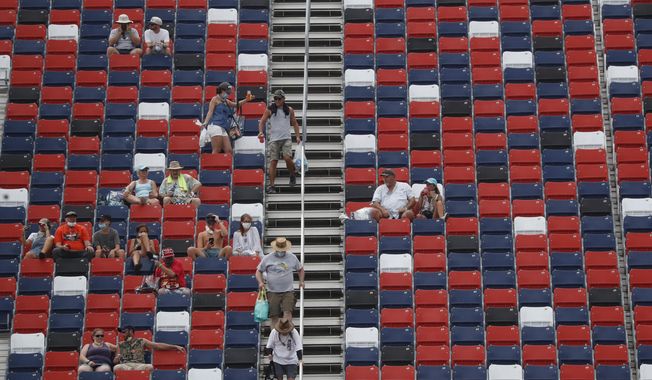 Fans dot the stands prior to a NASCAR Cup Series auto race at Talladega Superspeedway in Talladega Ala., Sunday, June 21, 2020. (AP Photo/John Bazemore)