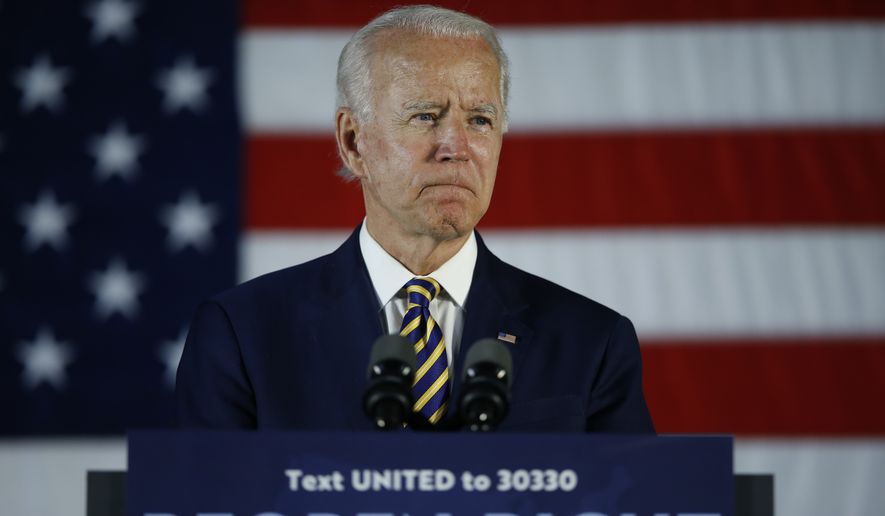Democratic presidential candidate, former Vice President Joe Biden pauses while speaking, Wednesday, June 17, 2020, in Darby, Pa. (AP Photo/Matt Slocum) ** FILE **