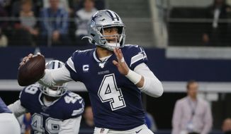 In this Dec. 15, 2019, file photo, Dallas Cowboys quarterback Dak Prescott (4) looks to throw in the first quarter of an NFL football game against the Los Angeles Rams in Arlington, Texas. The Cowboys have their star quarterback under contract for the 2020 season. Prescott has signed his $31.4 million tender under the franchise tag. That would be the richest one-year contract in franchise history. (AP Photo/Michael Ainsworth, File)  **FILE**