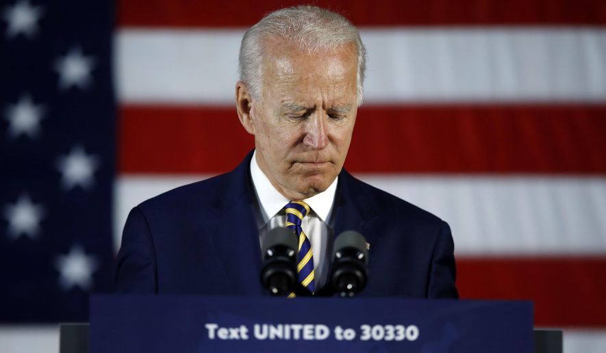 Democratic presidential candidate former Vice President Joe Biden pauses while speaking Wednesday, June 17, 2020, in Darby, Pa. (AP Photo/Matt Slocum) ** FILE **
