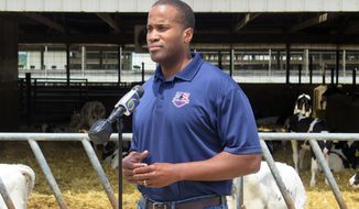 Republican U.S. Senate candidate John James speaks on Monday, June 22, 2020, at Weir Farms in Hanover Township, Mich. He resumed in-person campaign events after months of sticking with virtual events. (AP Photo/David Eggert)