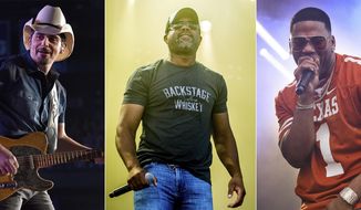 This combination photo shows, from left, Brad Paisley, Darius Rucker and rapper Nelly, who will participate in Live Nation&#x27;s “Live from the Drive-In,” concert series taking place July 10-12.  (AP Photo)