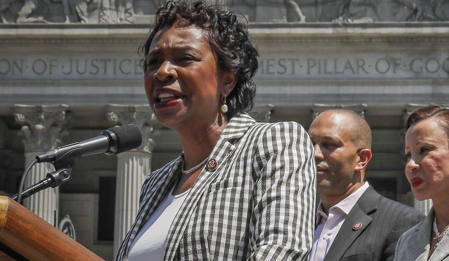FILE - In this July 19, 2019, file photo, Congressional Rep. Yvette Clarke, D-NY, speaks during a press conference, in New York. (AP Photo/Bebeto Matthews, File)
