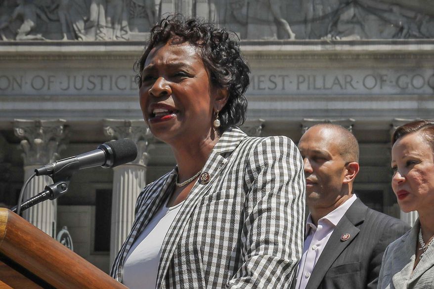 FILE - In this July 19, 2019, file photo, Congressional Rep. Yvette Clarke, D-NY, speaks during a press conference, in New York. (AP Photo/Bebeto Matthews, File)